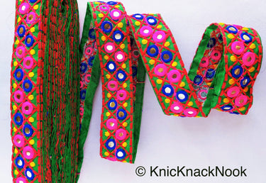 Green Cotton Fabric Mirrored Trim With Embroidery In Fuchsia Pink, Blue, Red & Yellow Threads